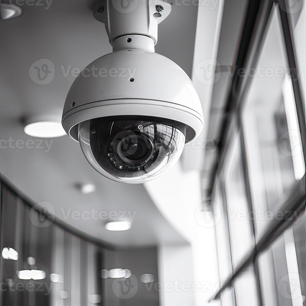 Security, CCTV cameras in the office building, and home security system concept with blur background. Outdoor CCTV Security camera installed on the building wall in the city. photo