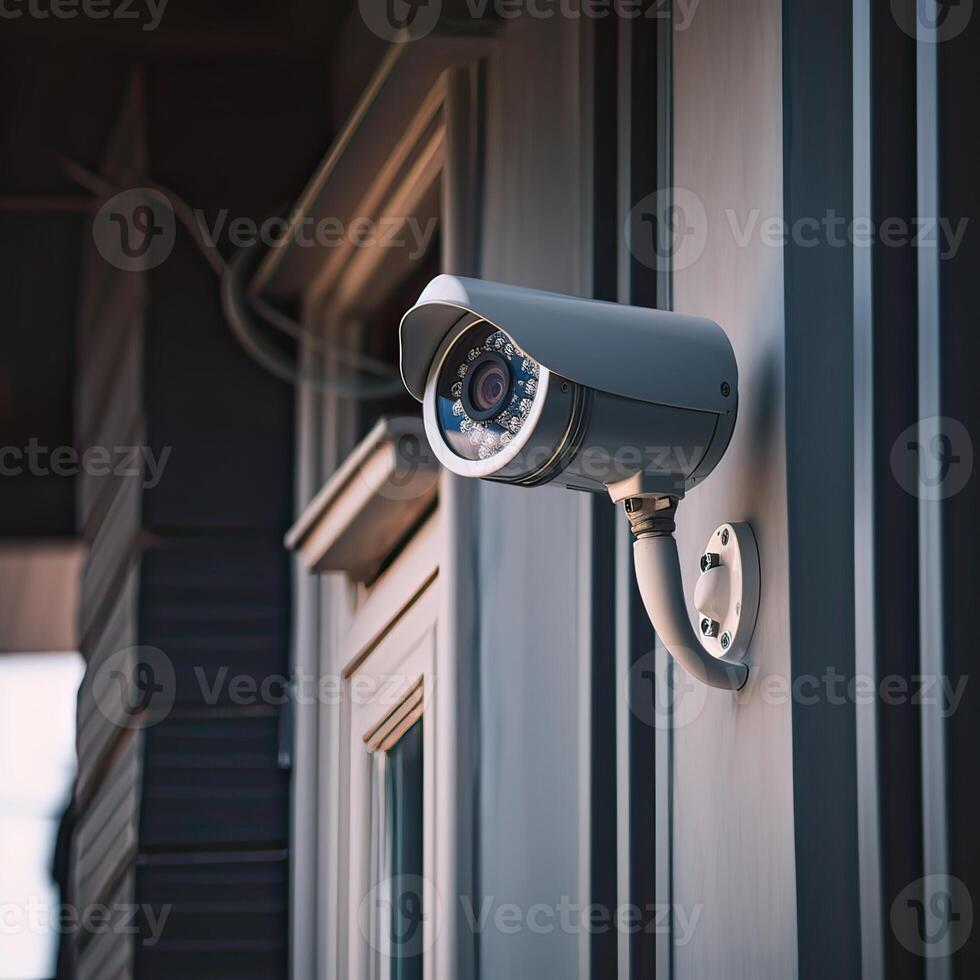 Security, CCTV cameras in the office building, and home security system concept with blur background. Outdoor CCTV Security camera installed on the building wall in the city. photo