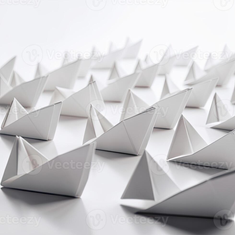 Leadership concept with white paper ship leading among white. . photo