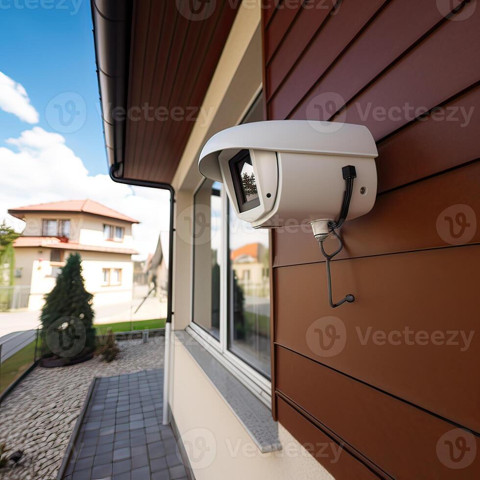 Security, CCTV cameras in the office building, and home security system concept with blur background. Outdoor CCTV Security camera installed on the building wall in the city. photo
