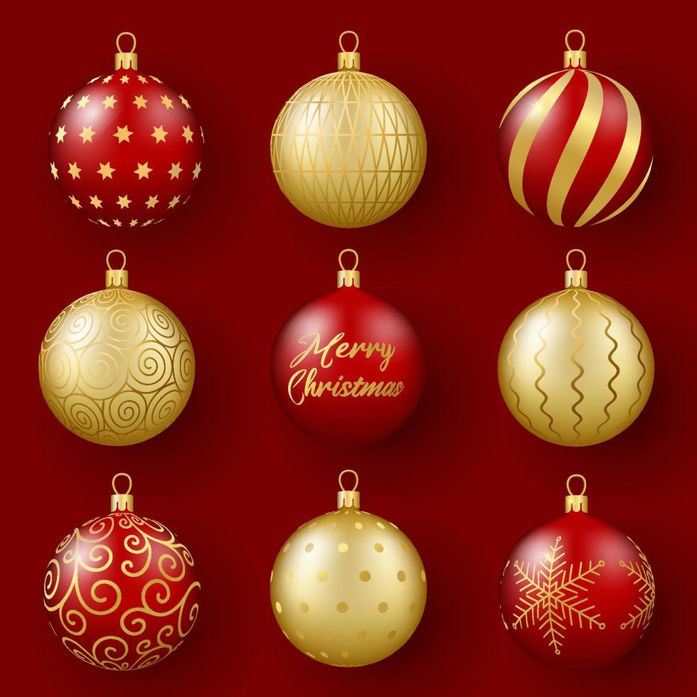 Christmas and New Year decor. Set of 3D realistic gold and red glass balls with an ornament. vector