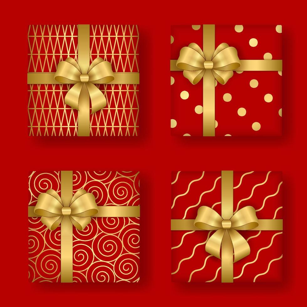 Navidad y nuevo año decoración. conjunto de rojo regalo cajas con oro adornos y arco. 3d realista. vector