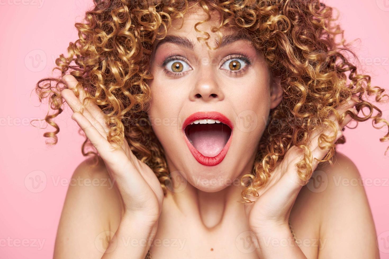 Female portrait Surprised look model wide open mouth sequin shirt photo