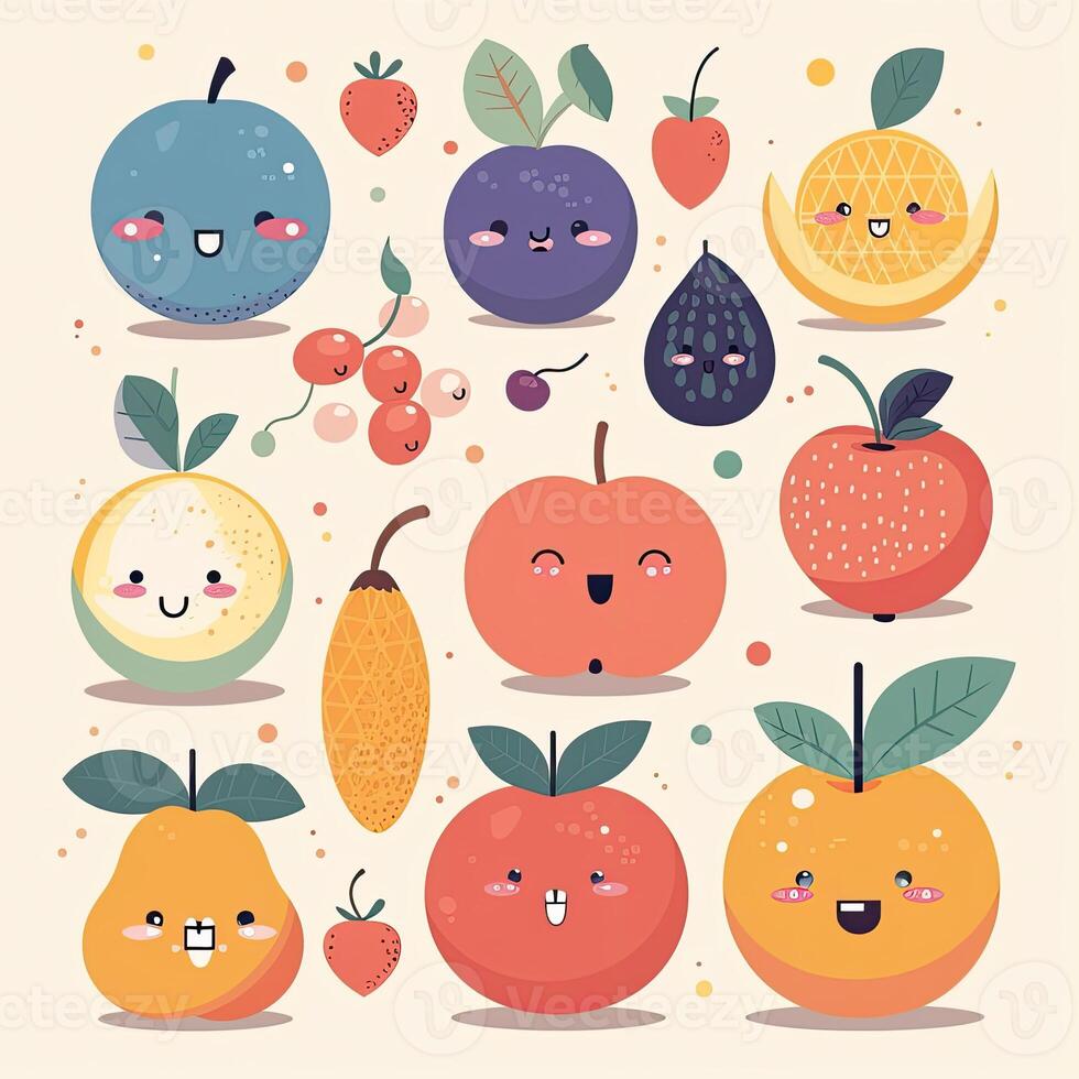 Cartoon funny fruits characters and fruits face illustrations. Funny fruit face and cartoon fruit characters icon set. Cartoon characters. Cartoon face food. . photo