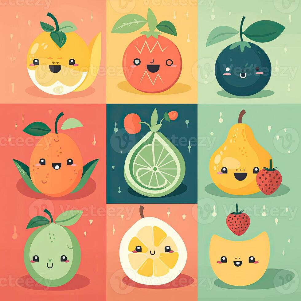 Cartoon funny fruits characters and fruits face illustrations. Funny fruit face and cartoon fruit characters icon set. Cartoon characters. Cartoon face food. . photo