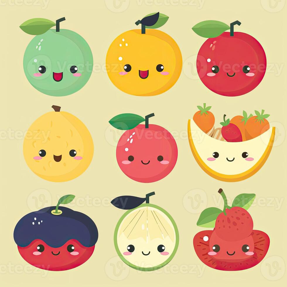 Cartoon funny fruits characters and fruits face illustrations. Funny fruit face and cartoon fruit characters icon set. Cartoon characters. Cartoon face food. . photo