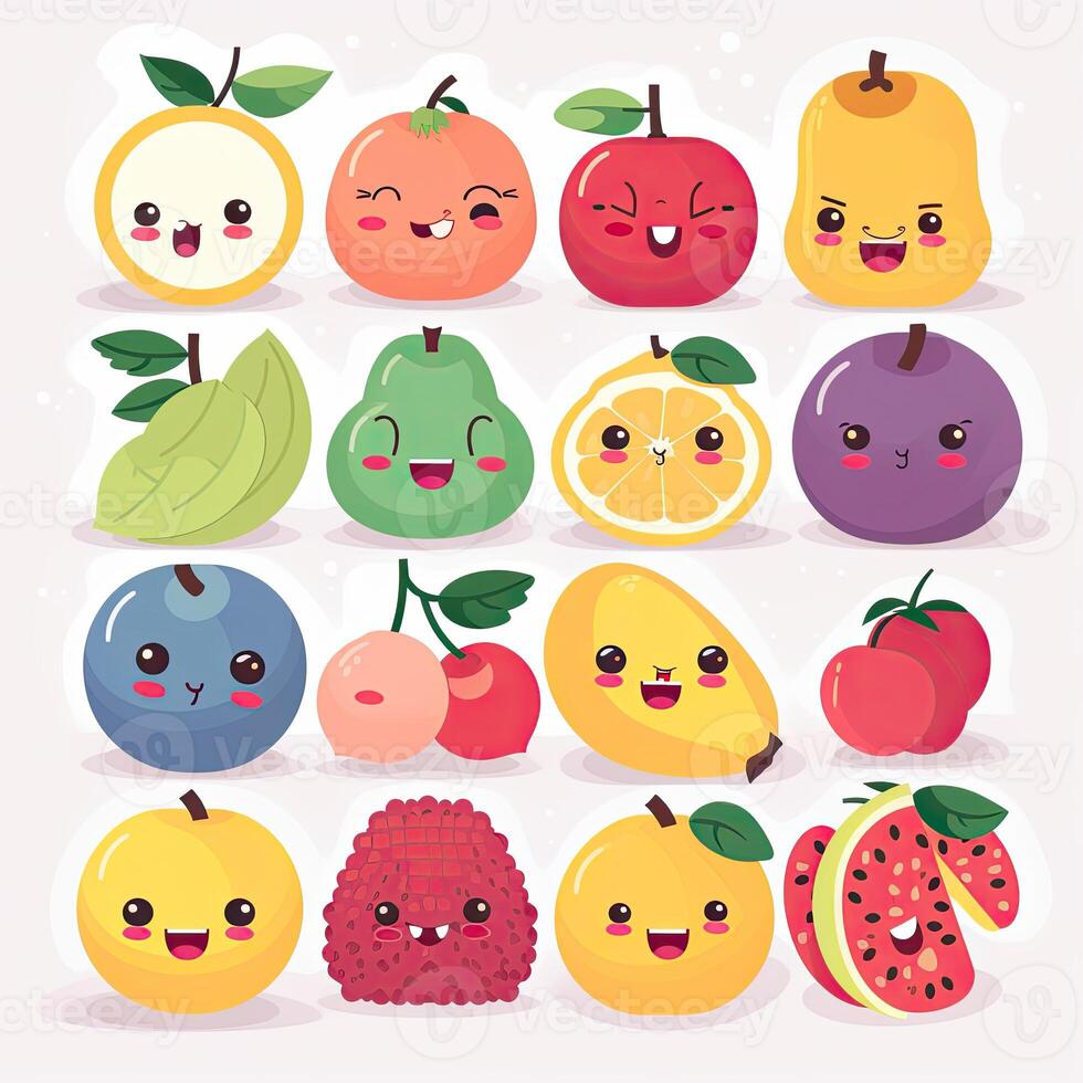 Cartoon funny fruits characters and fruits face illustrations. Funny fruit face and cartoon fruit characters icon set. Cartoon characters. Cartoon face food. . photo