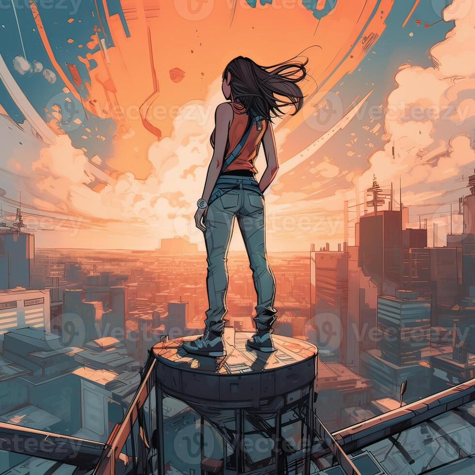 Rear view of young girl standing on the rooftop of a skyscraper watching sunset over the big city horizon. . photo