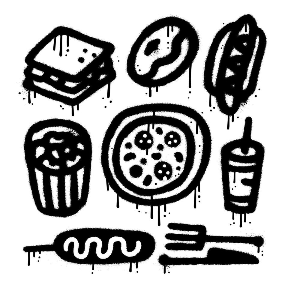 Fast food elements set in y2k urban graffiti style. Black air sprayed graphic collection. Snack , Junk food - hot dog, pizza, donut, popcorn, soda, sandwich. Vector textured illustration