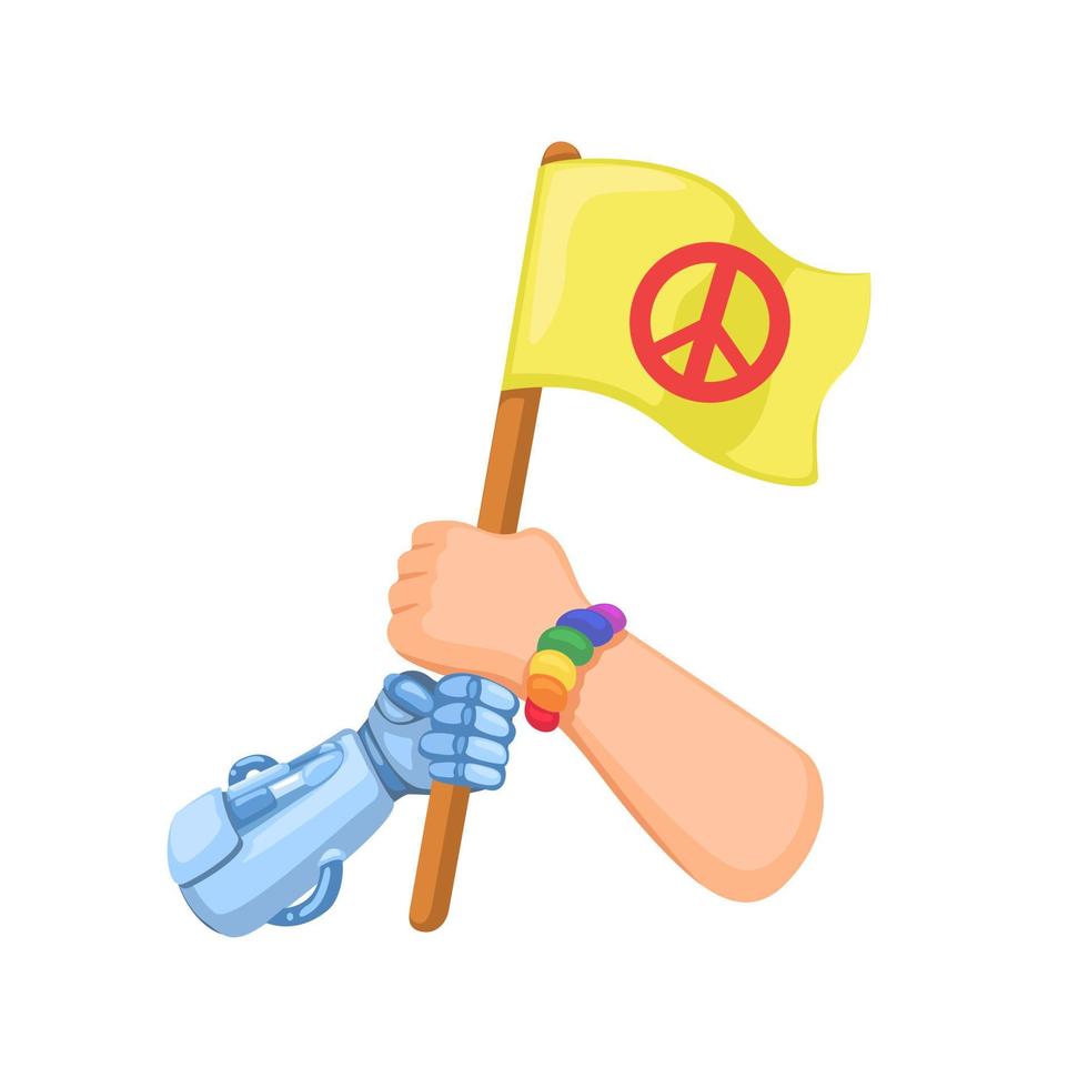 Human and Robot Hand holding Peace Flag Symbol Cartoon illustration vector