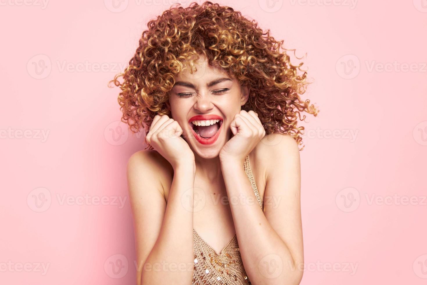 Pretty woman fashion clothes pink background Copy space photo