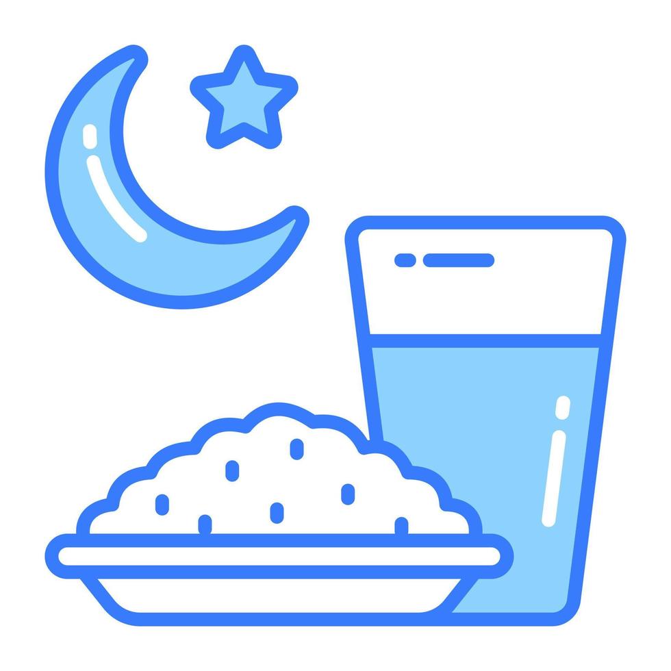 Rice bowl with water glass and crescent moon vector of iftar icon