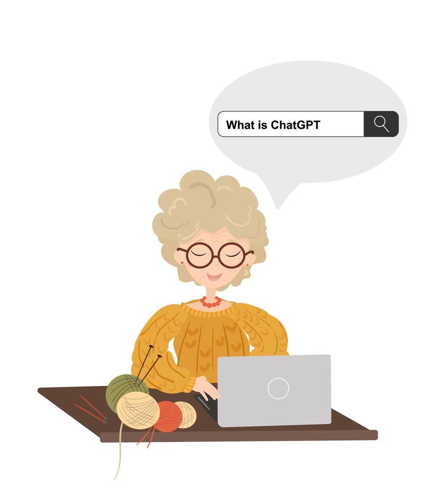 GPT chat women use digital laptop. grandmother serch for GPT AI chat, smart bot, workplace, vector illustration