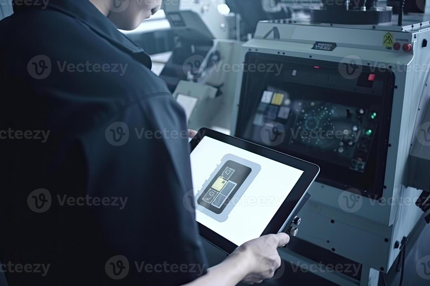 Engineer with tablet computer at factory workplace. Industrial worker controls operation of robotic production line. Created with photo