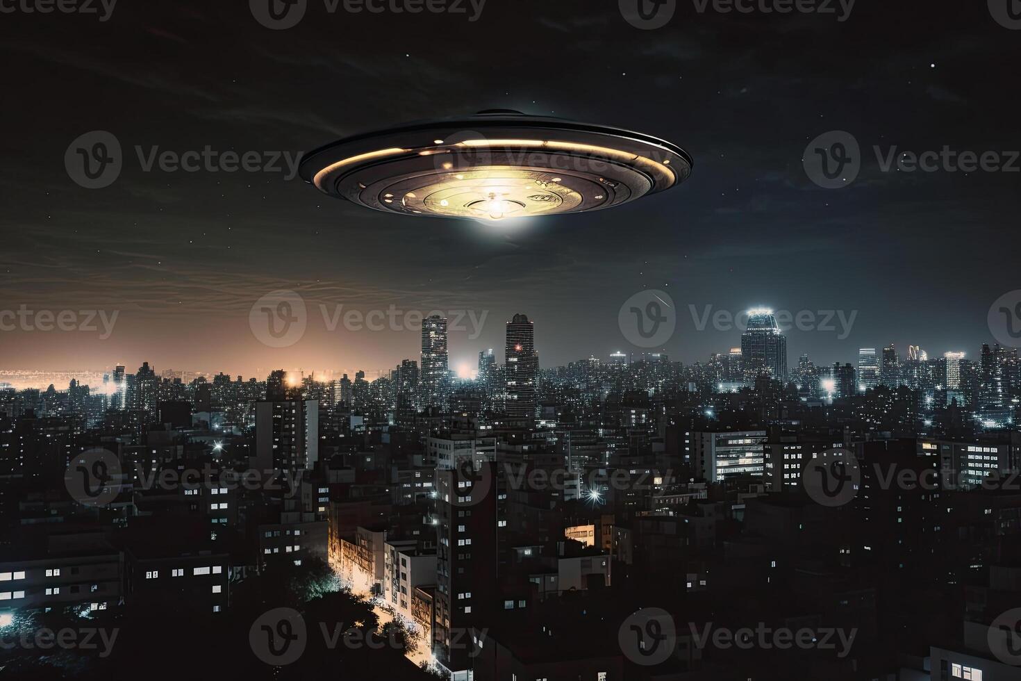 Flying saucer flying in the sky over night city. UFO invasion. Alien abduction. Created with photo