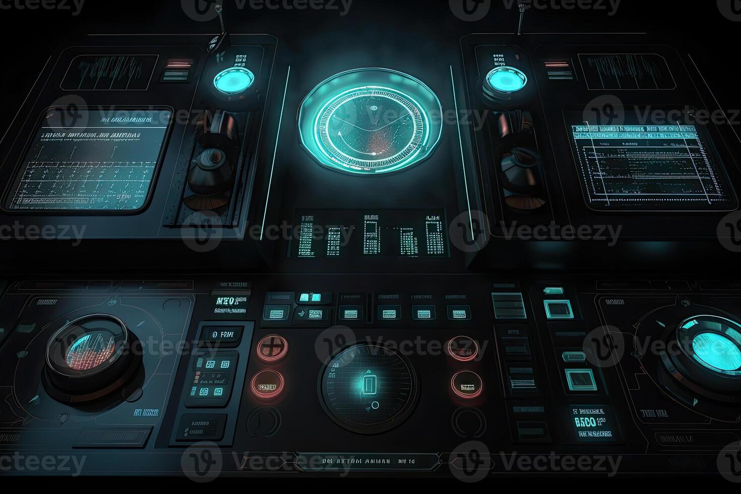 Futuristic central control panel. Operator workplace with a lot of screens and buttons for monitoring technology process at production line. Created with photo