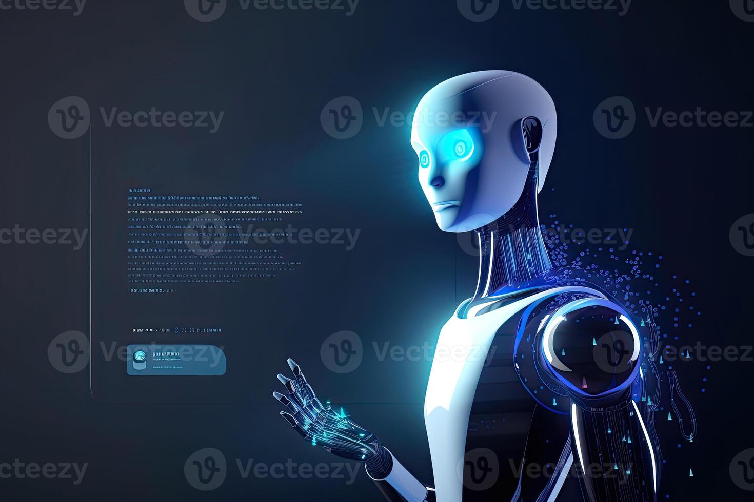 Visualization of robot assistant or chat bot on web site. Cute robot with big eyes on dark background. Created with photo