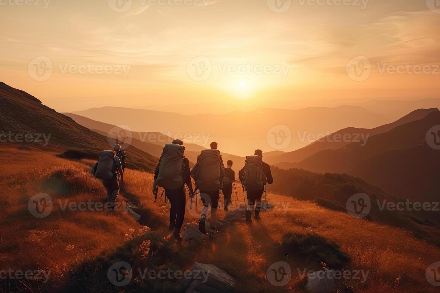 Group of tourist hiking in mountains. Travelers with backpacks in mountains. Outdoor activities. Created with photo