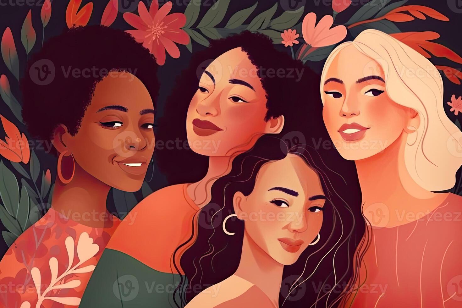 Multiracial women standing together and smiling at camera, flat style. Portrait of interracial female models. Diversity concept. Created with photo