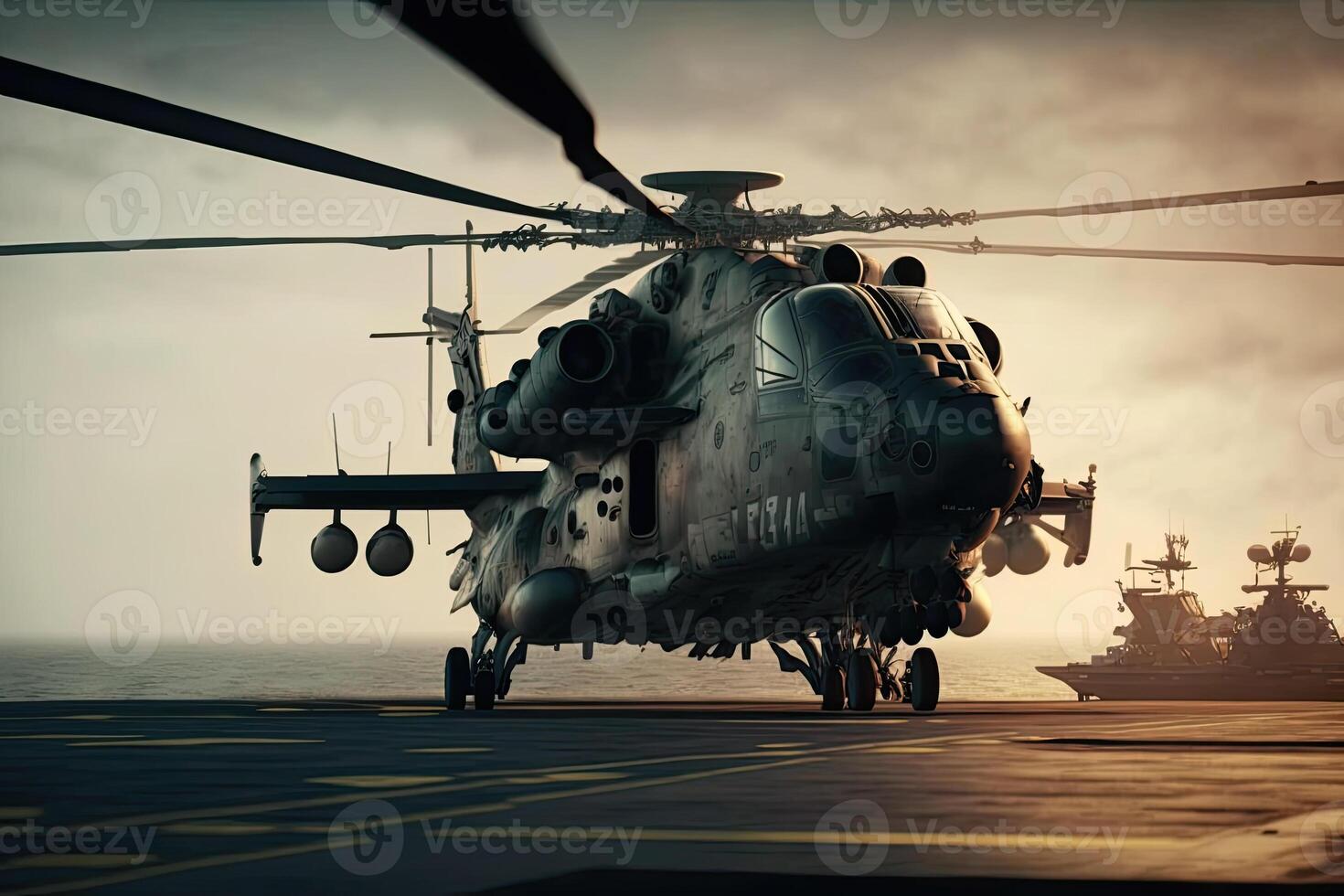 Military helicopter on warship board in the sea. Navy helicopter on board the aircraft carrier. Created with photo