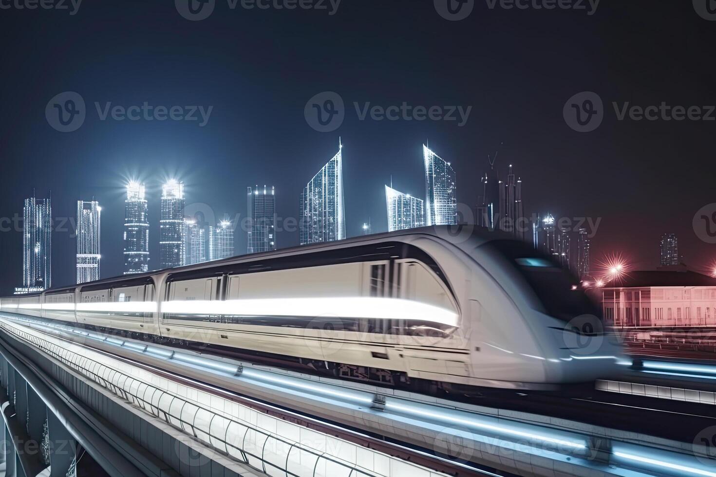 Modern high speed train at night. Fast train in city with motion blur effect, Public transport. Railway transportation. Created with photo