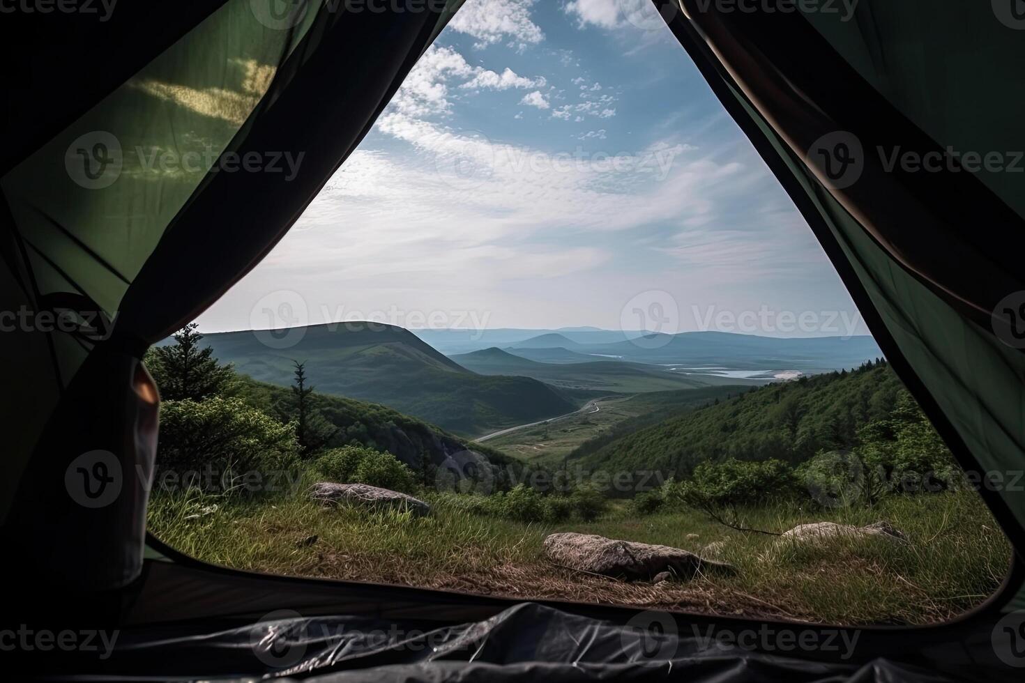 Amazing view from inside tent to mountain landscape. Camping during hike in mountains, outdoor activities. Created with photo