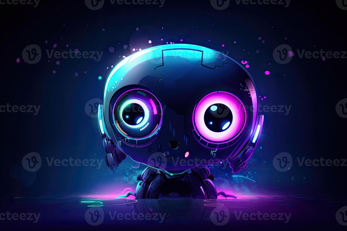 Visualization of robot assistant or chat bot on web site. Cute robot with big eyes on dark background. Created with photo