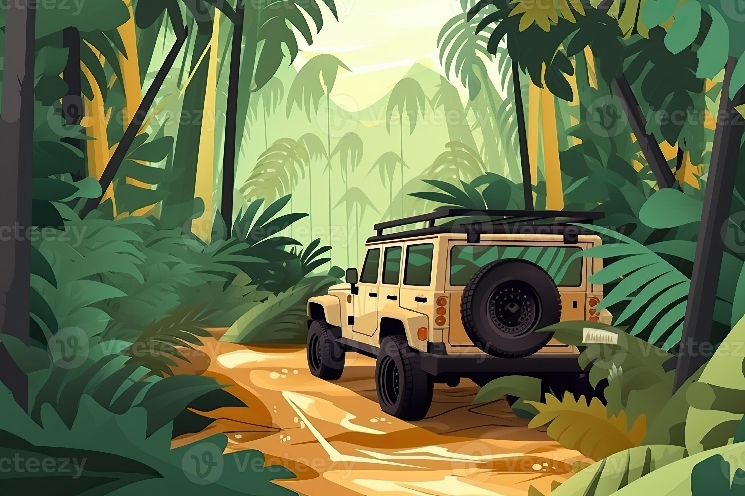 Four wheel drive SUV is driving on muddy road in jungle. Jeep on safari
