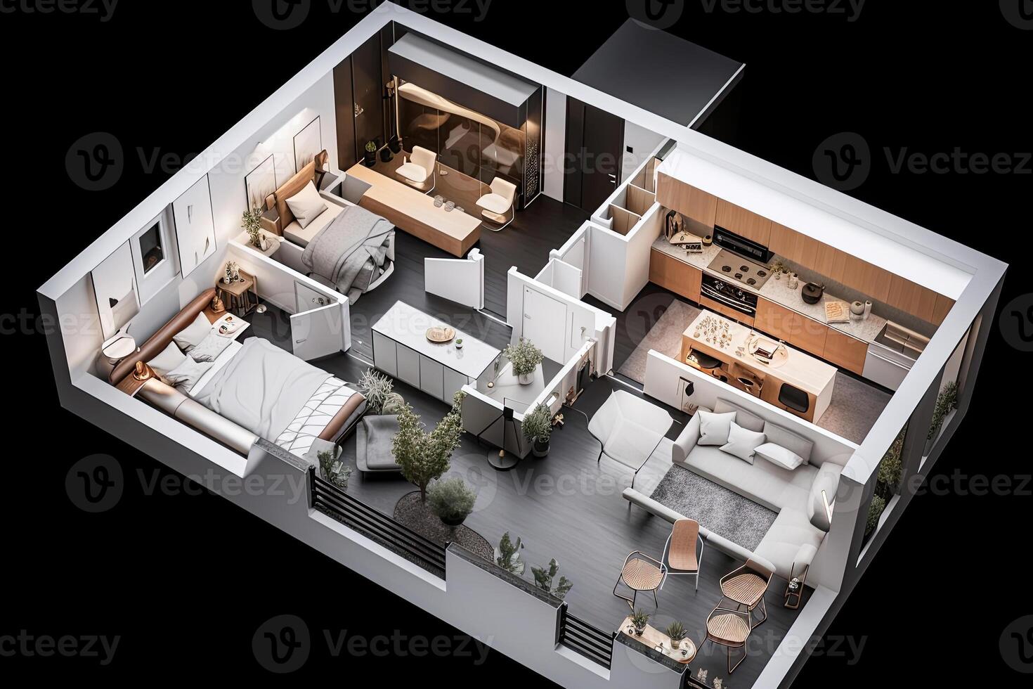 Apartment visualization, design project. Architectural plan for renovation. Living room interior, top view. Created with photo