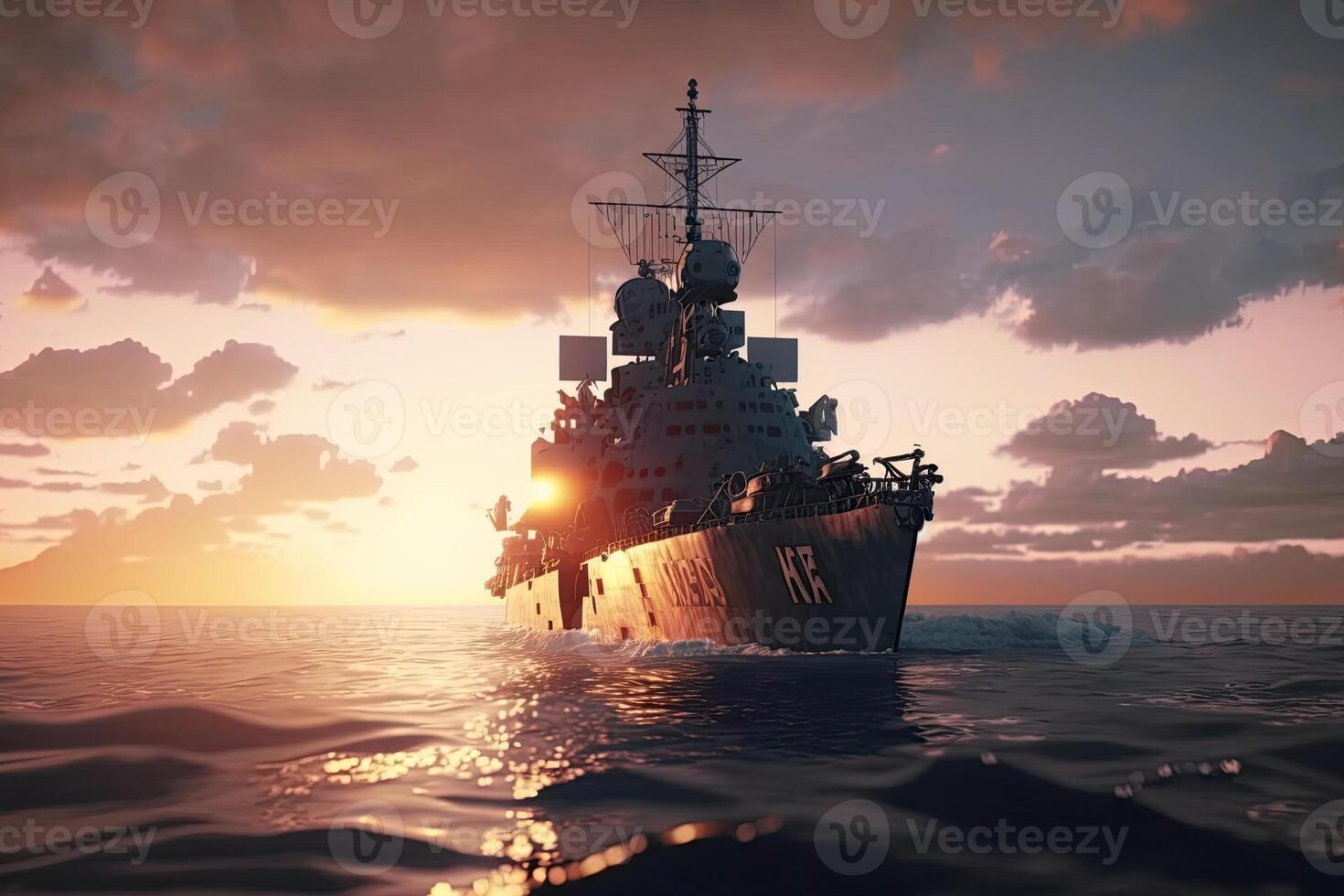 Modern warship in the sea at sunset. Military force ship sailing in ocean. Created with photo