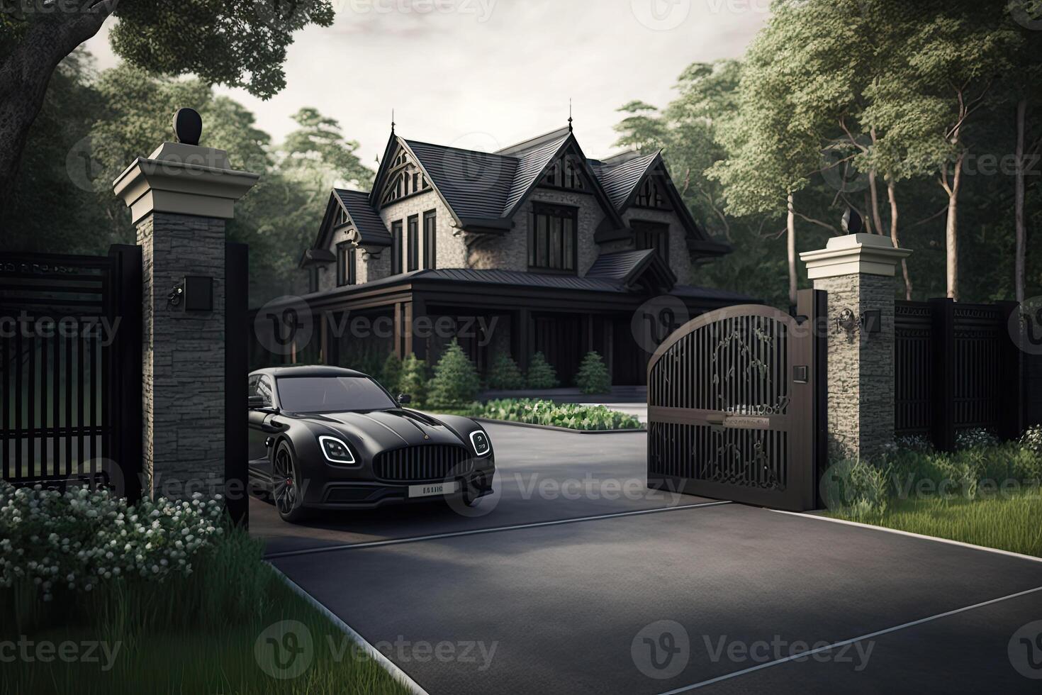 Modern luxury house exterior. Main entrance with automatic gates. Created with photo