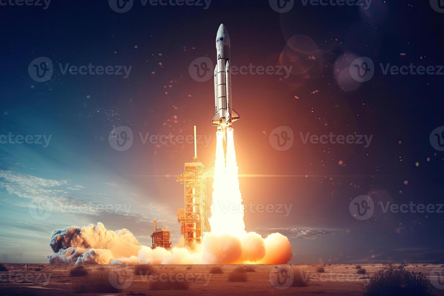 Rocket launch from cosmodrome. Fight of space rocket in blue sky. Space mission. Space Shuttle takeoff. Created with photo