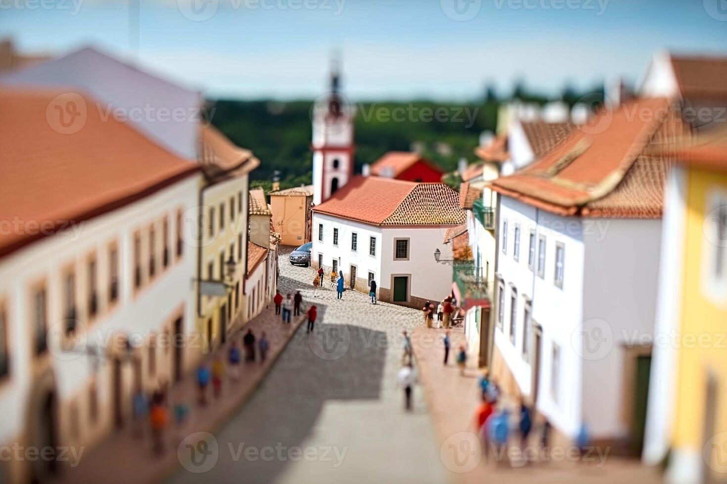 City life with living building facades and people walking at street, aerial view. Urban infrastructure. Model of city street in miniature, tilt shift. Created with photo
