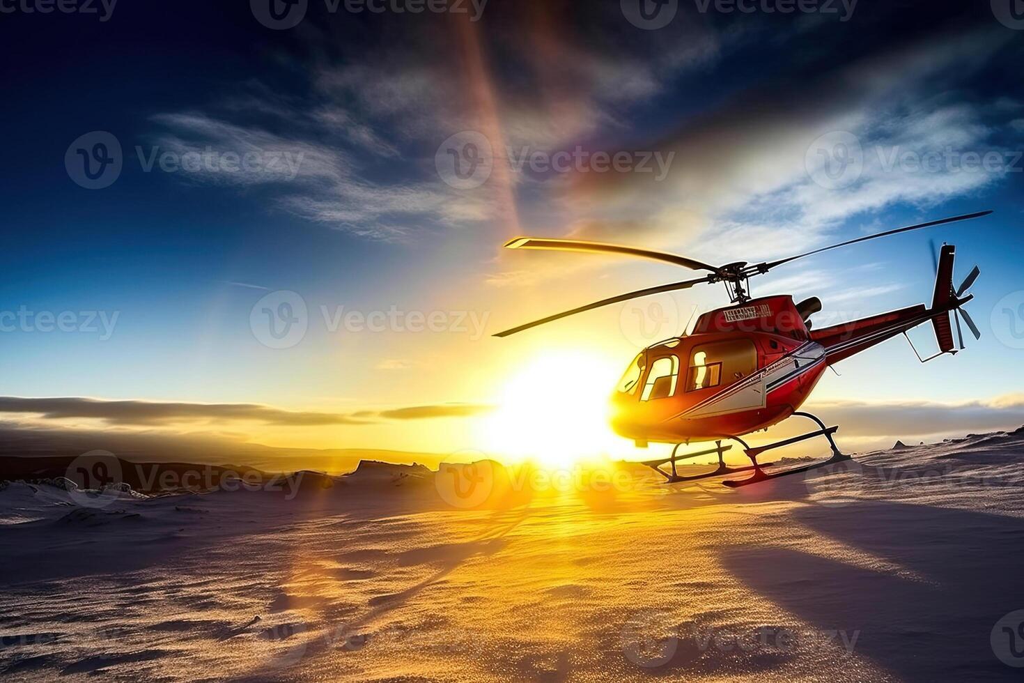 Search and rescue operation in mountains. Medical rescue helicopter landing in snowy mountains. Created with photo