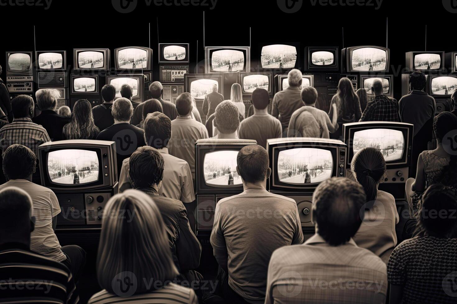 People watching a lot of retro televisions. Propaganda and fake news concept. Politicians manipulate society with help of public television. Created with photo