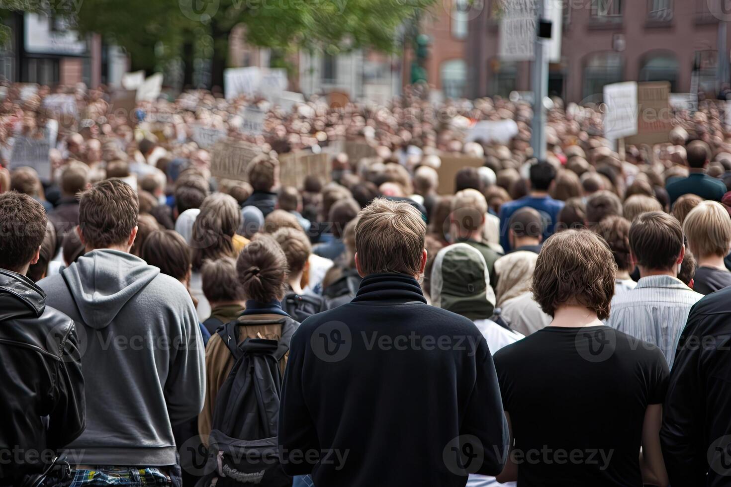 espalda ver de agresivo personas protestando a ciudad calle. protesta activistas multitud con levantamiento puños enojado personas hacer revolución. creado con generativo ai foto