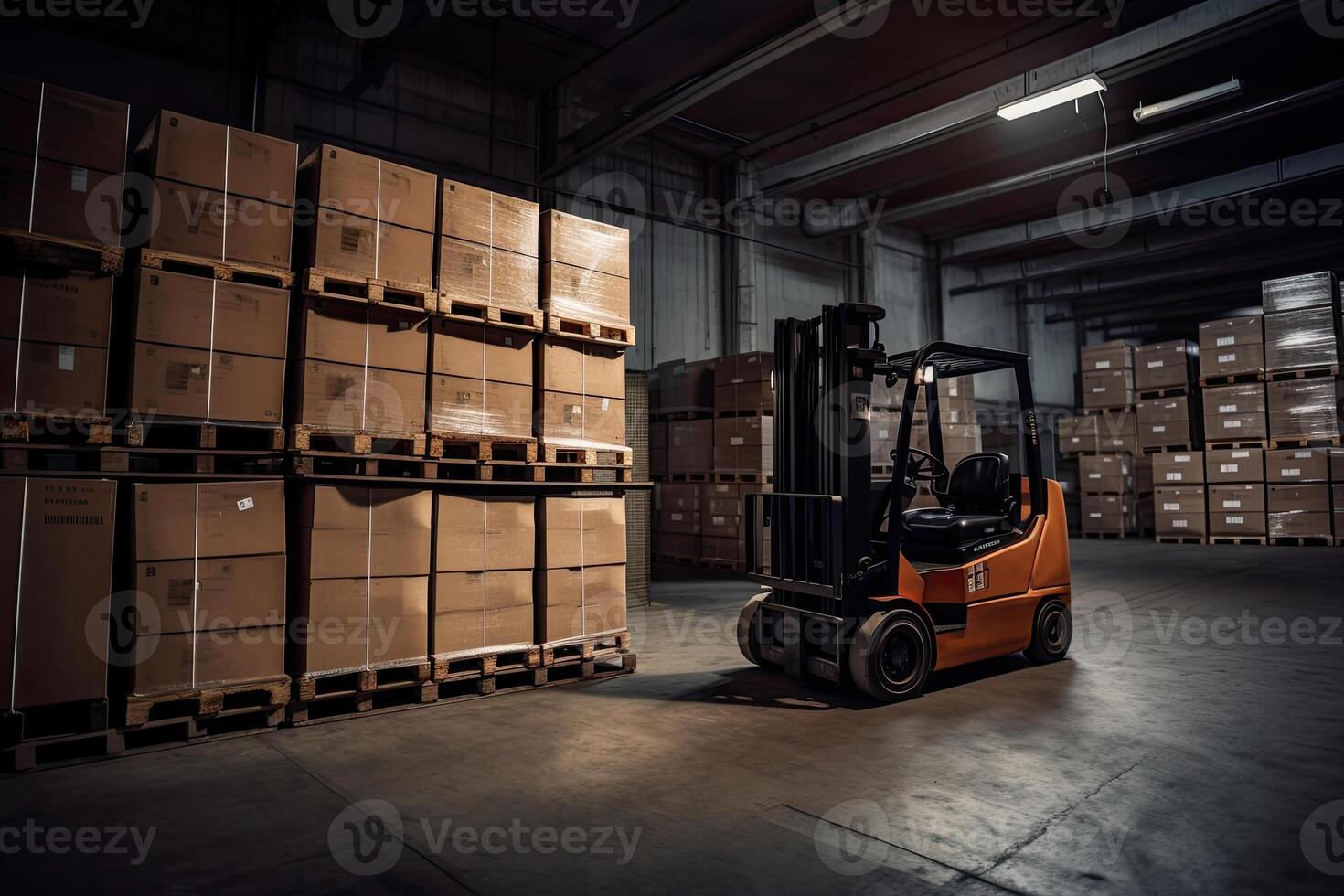 Forklift for loading pallets with packages in warehouse interior. Commercial distribution warehouse with shelves and boxes. Created with photo