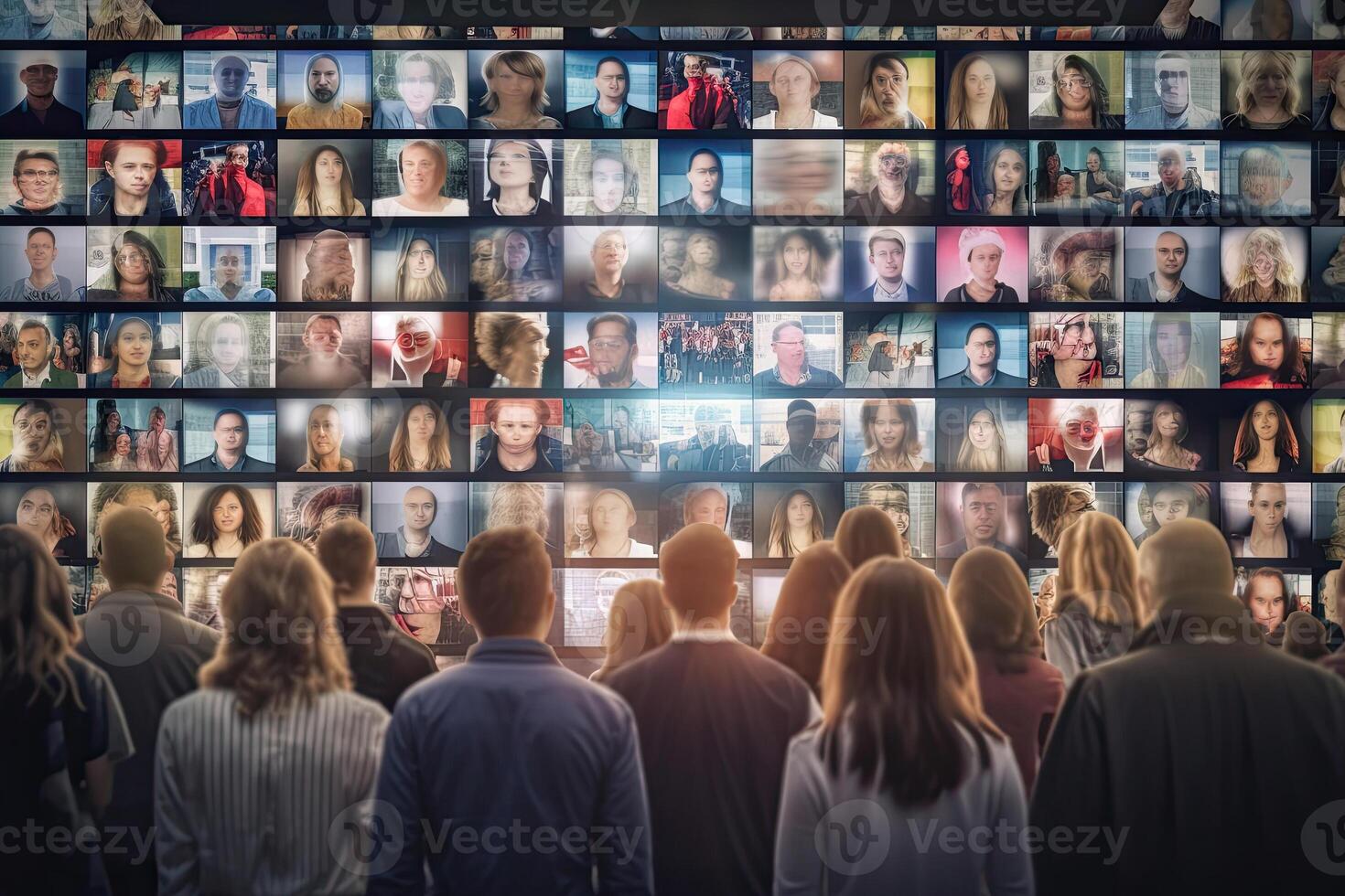People watching a lot of retro televisions. Propaganda and fake news concept. Politicians manipulate society with help of public television. Created with photo