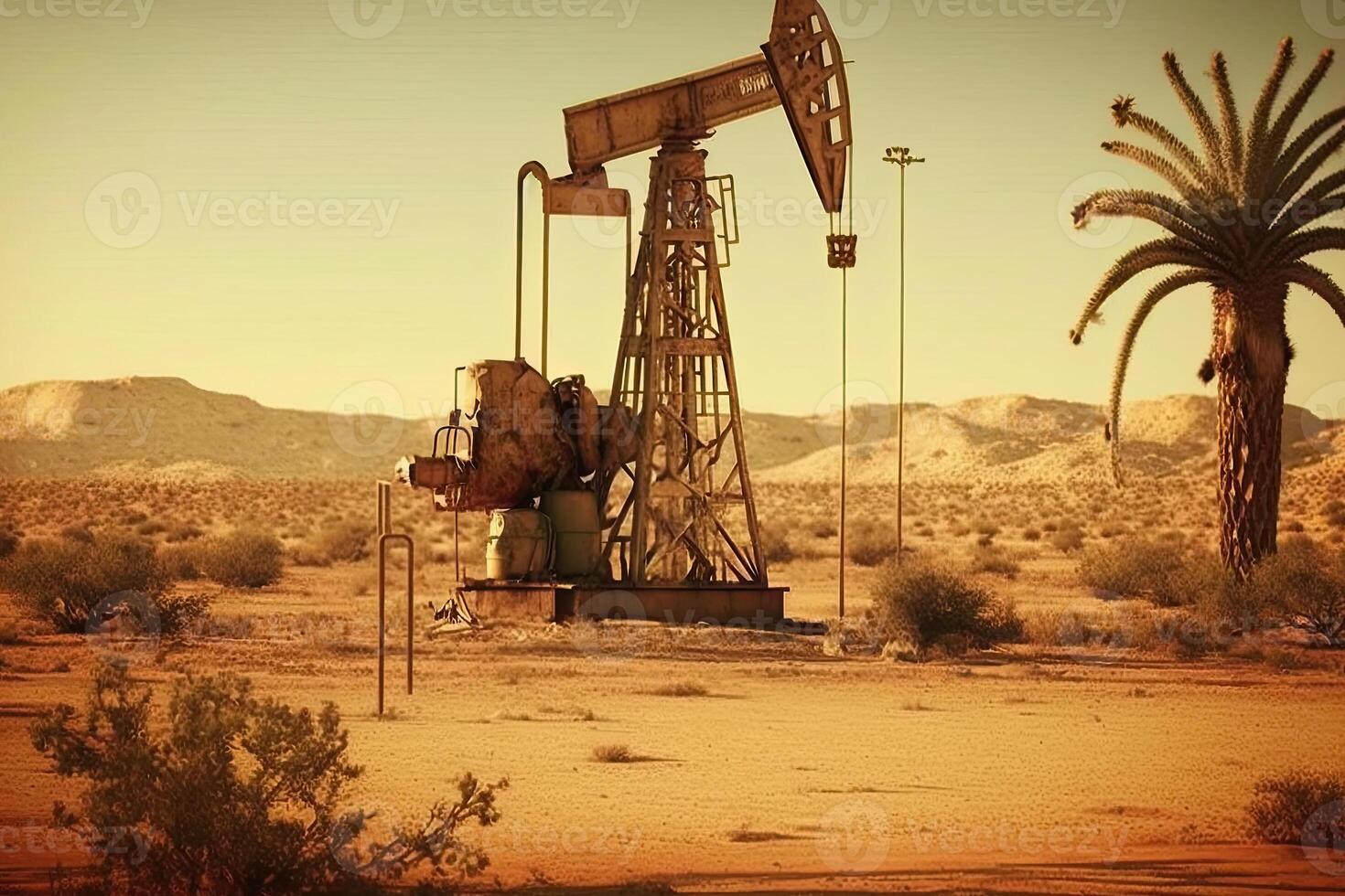 Pump oils drilling derricks in desert. Energy crisis in world concept. Oil production and fossil resources. Created with photo