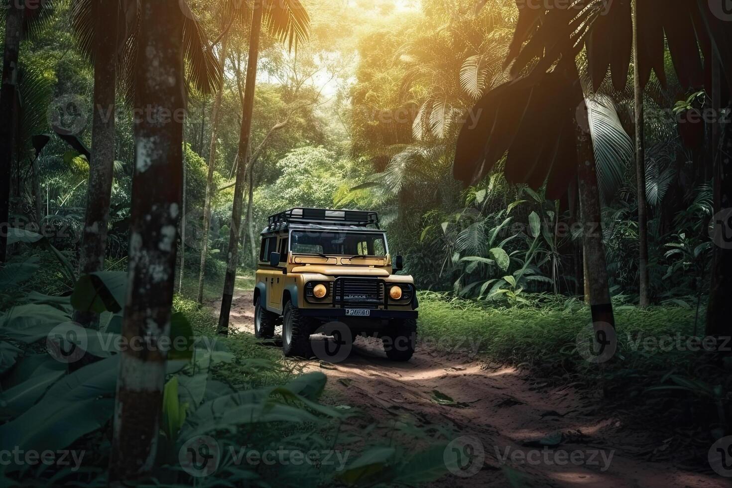 Four wheel drive SUV is driving on muddy road in jungle. Jeep on safari. Created with photo