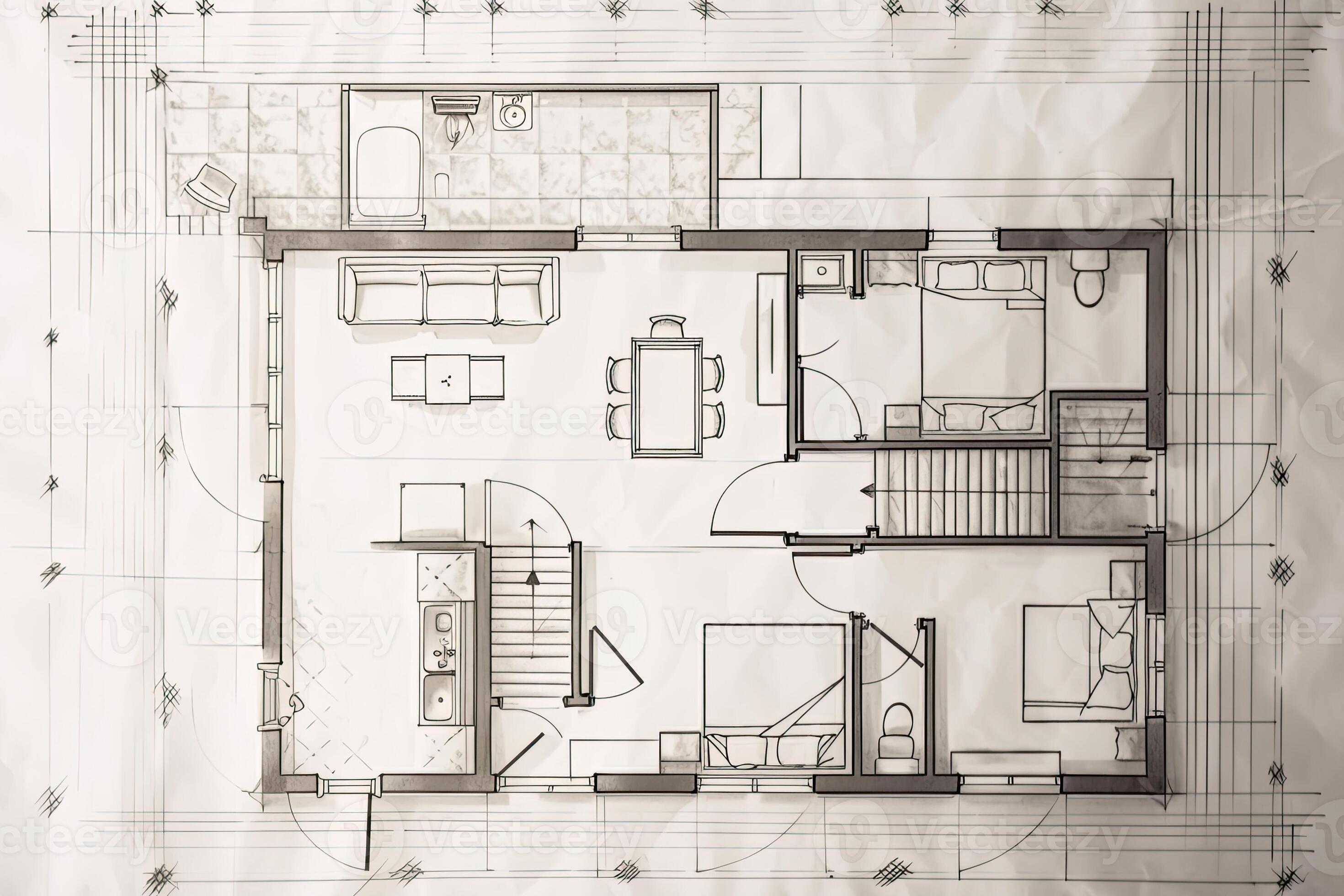 Architectural plan on white paper. Technical project of living room. Drawing  for construction. Created with Generative AI 21982127 Stock Photo at  Vecteezy