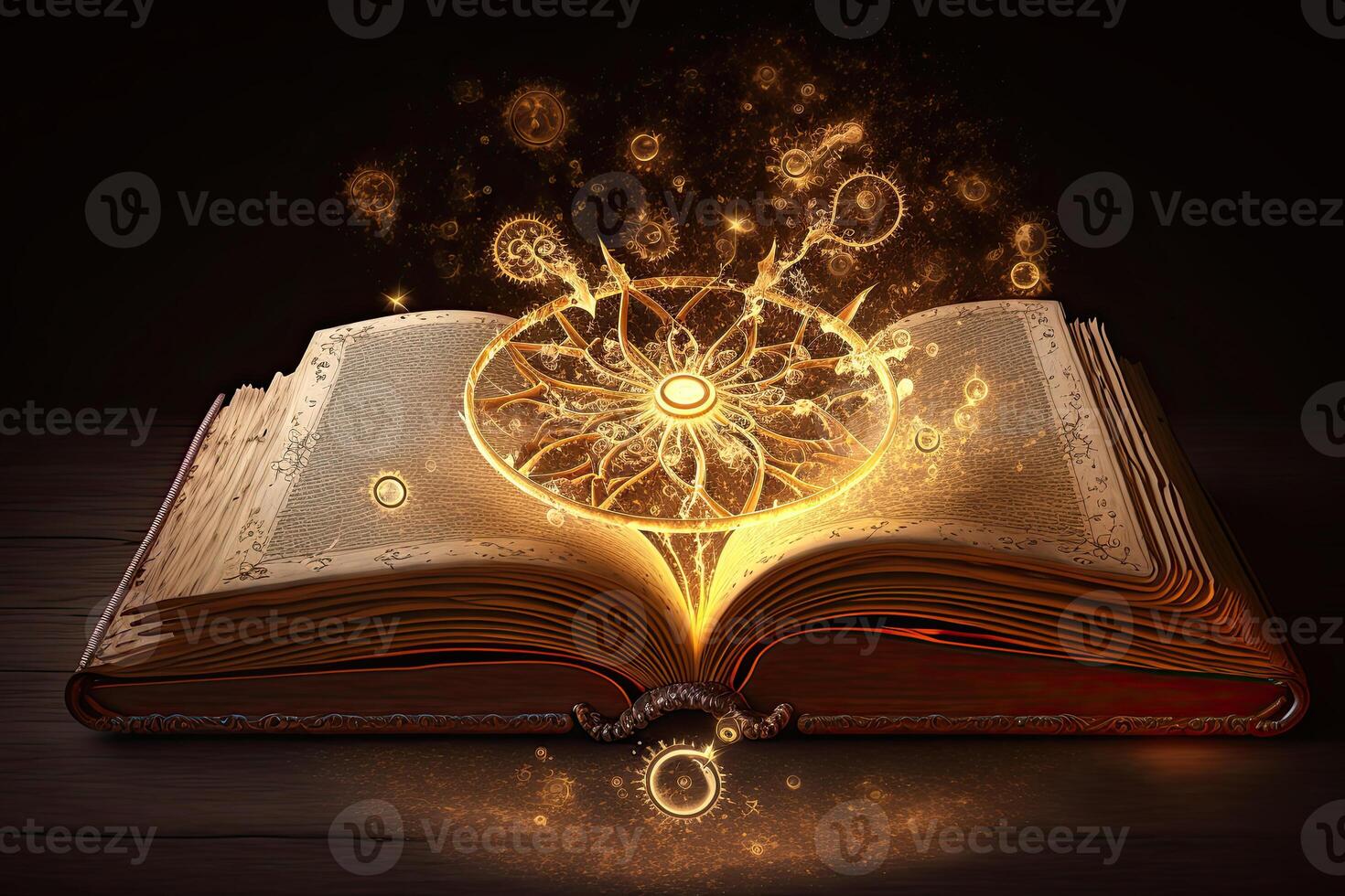 Open magical book with glowing lights over pages on abstract background. Fantasy reading. Created with photo