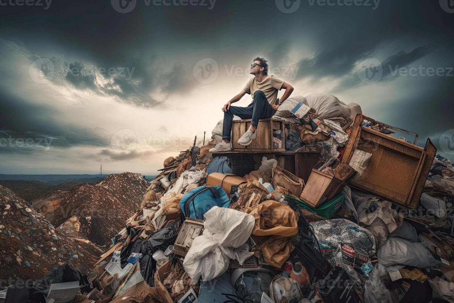 Mam sitting on top of huge dump with a lot of plastic waste and various used garbage. Environmental pollution concept. Created with photo