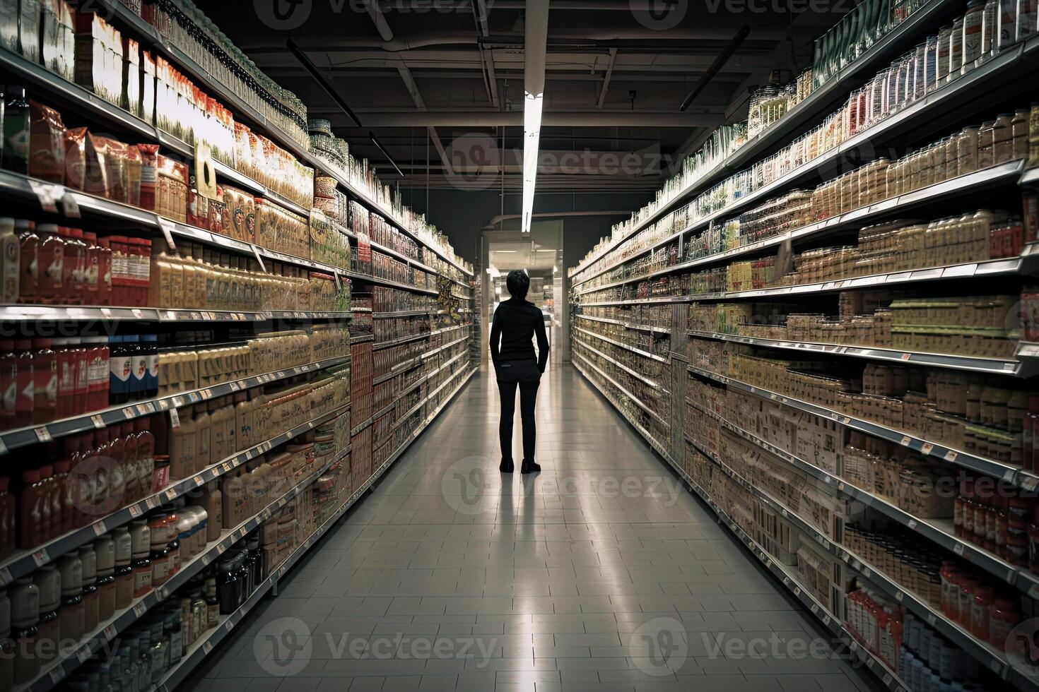 Woman standing in supermarket interior among shelves and choosing products. Created with photo