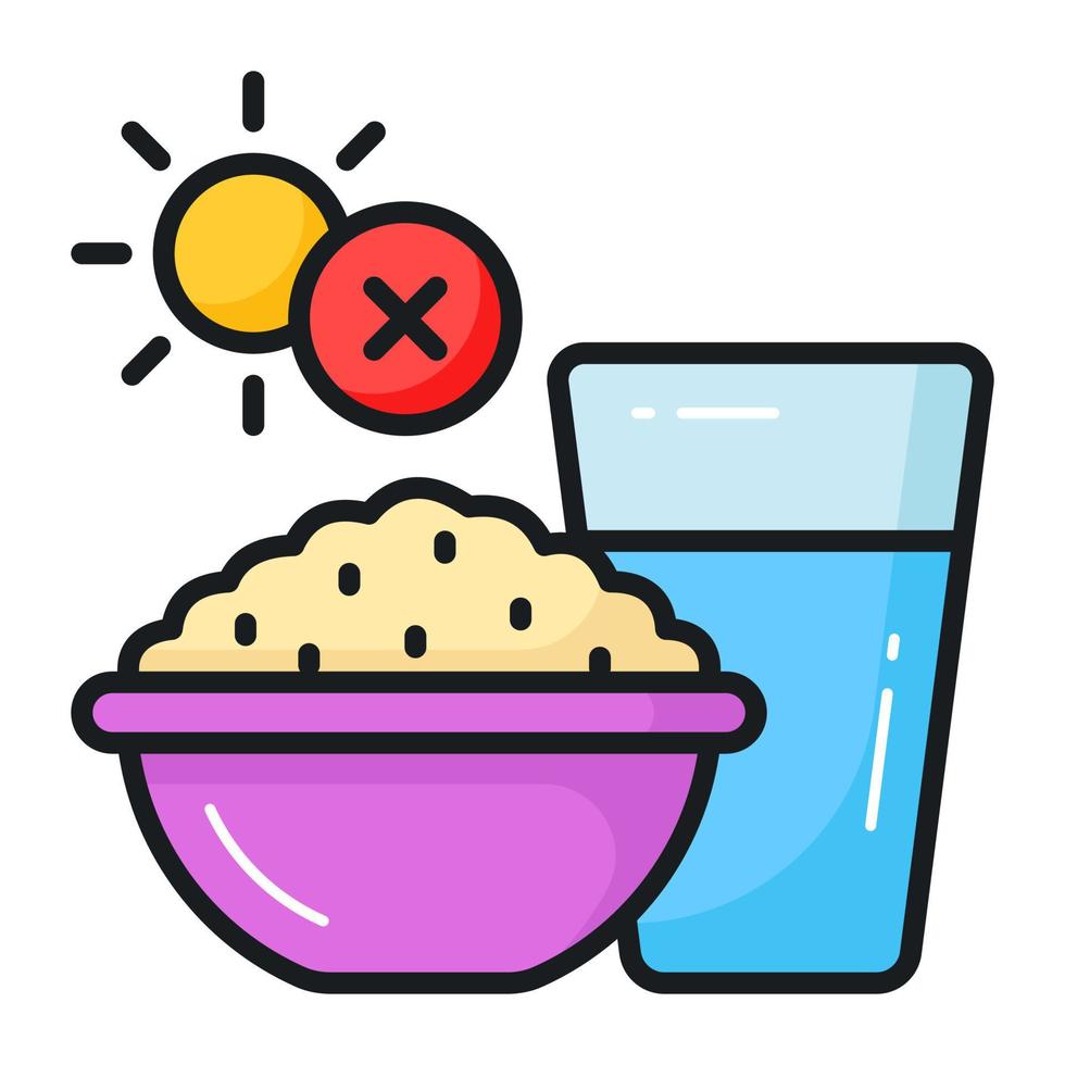 Rice bowl with glass of water and cross sign, icon of ramadan fasting vector