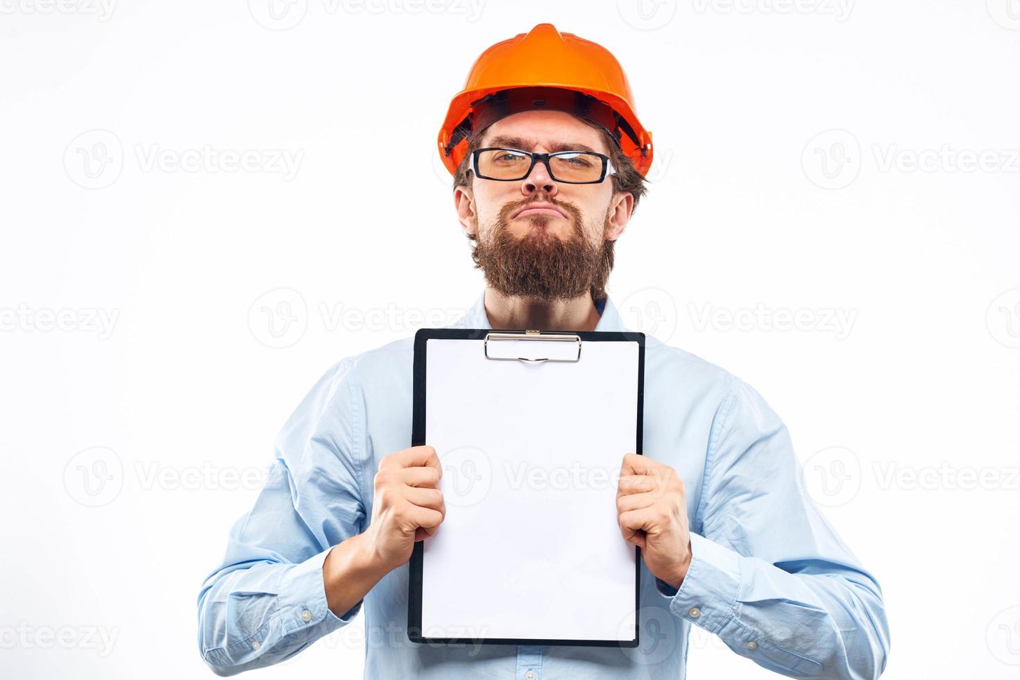 Business man in orange paint security documents providing services photo
