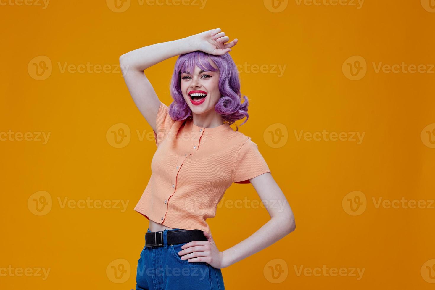 Portrait of a charming lady stylish clothes posing emotions cosmetics hairstyle color background unaltered photo