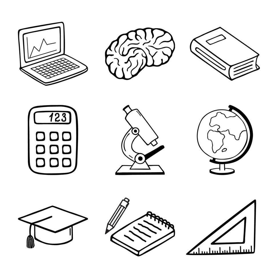 Education items. Set of 9 vector hand drawn doodle style elements.