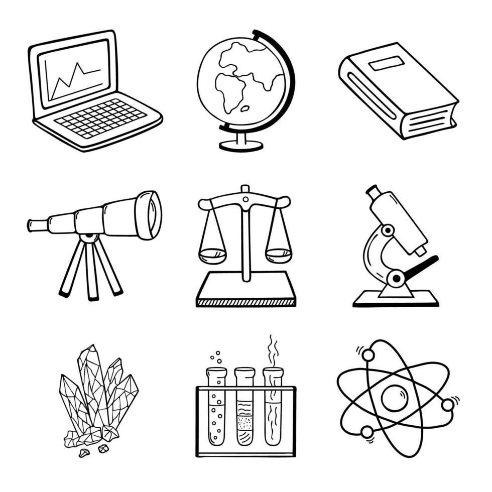 Science and education. Set of 9 vector hand drawn doodle style elements.