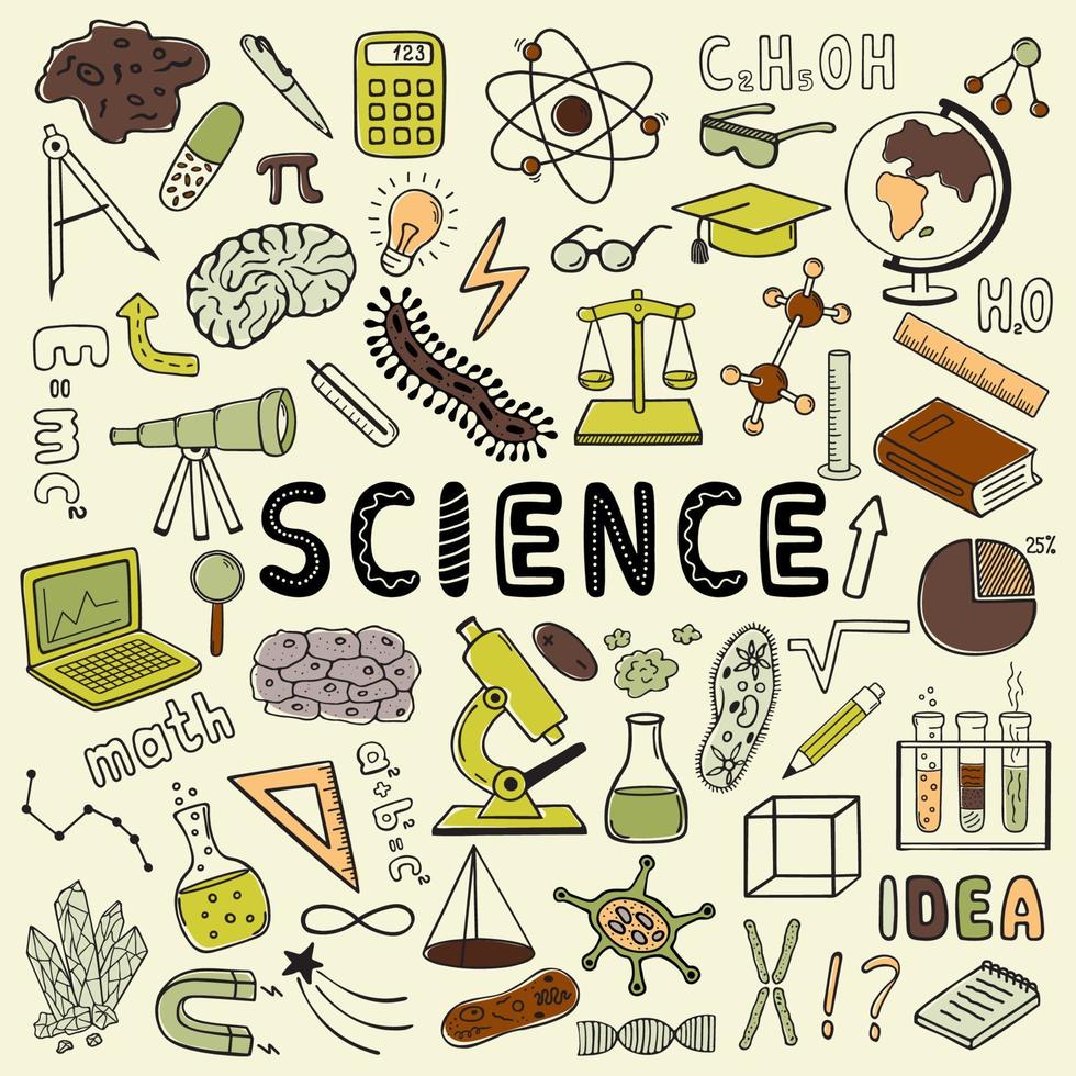 Science. Set of vector colored hand drawn elements in  doodle style.